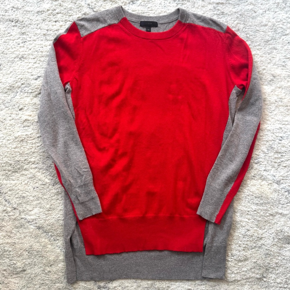 J. Crew Red/Taupe Colorblock Step-Hem Crewneck Sweater